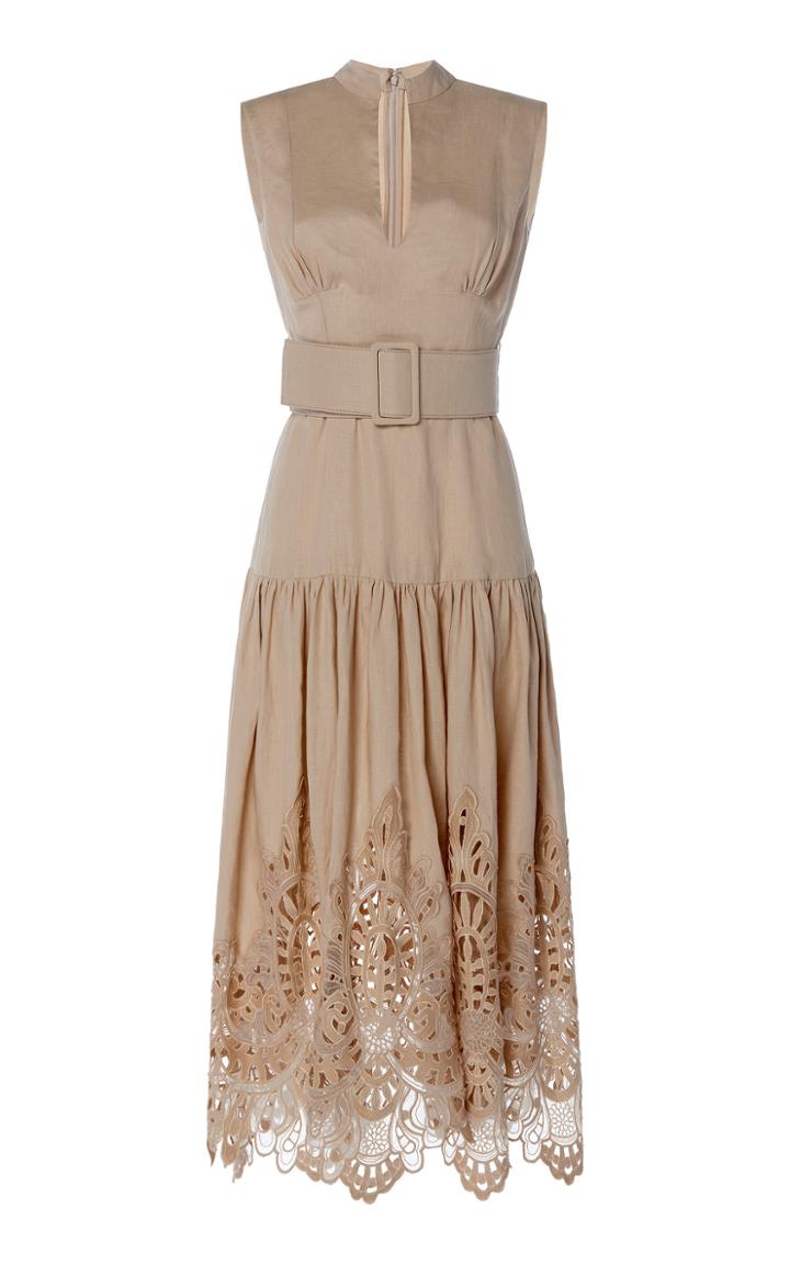 Moda Operandi Costarellos Linen Dropped Waist Dress With Mandarin Collar & Antique B