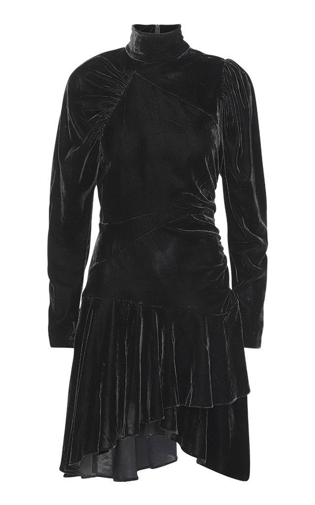 Rotate High-neck Puffed-shoulder Midi Dress