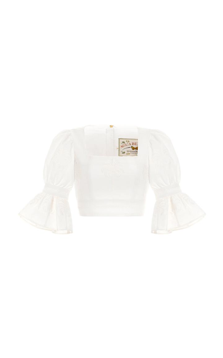 Moda Operandi Agua By Agua Bendita Violeta Bruma-hand Embroidered Cotton Crop Top