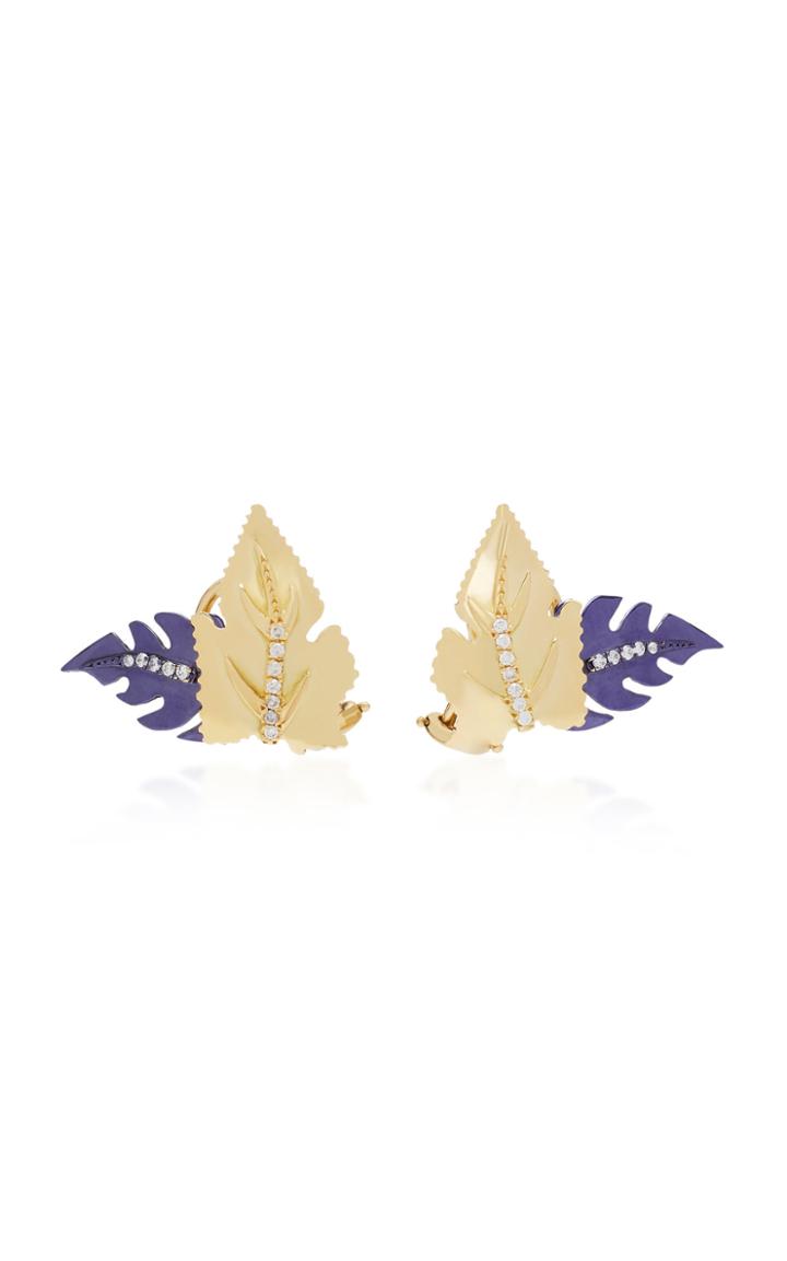 Carol Kauffmann Leaf 18k Gold Enamel And Diamond Stud Earrings