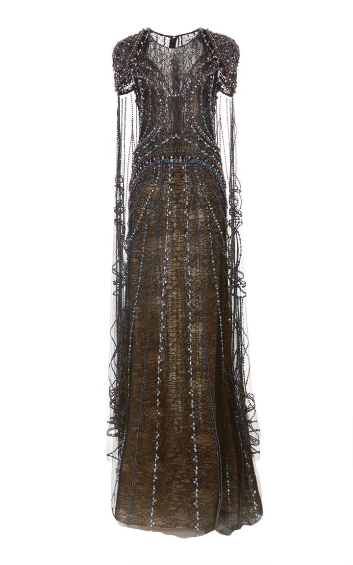 Pamella Roland Crystal And Gunmetal Pearl Embroidered Lace Gown