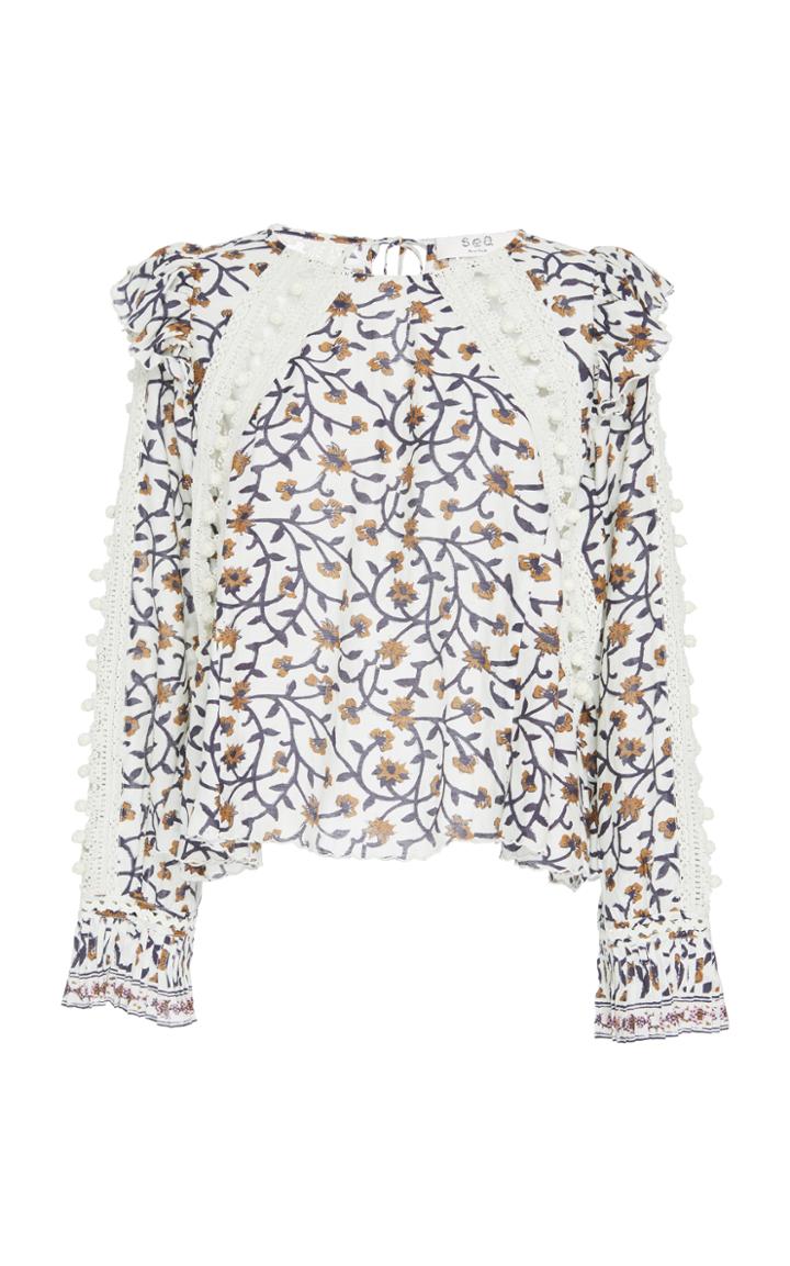Sea Esther Printed Crochet Pom Blouse
