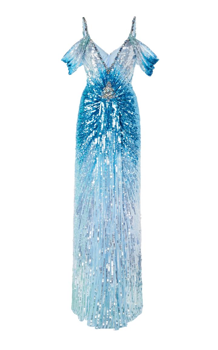 Moda Operandi Jenny Packham Cold-shoulder Ruched Sequined Dress Size: 6
