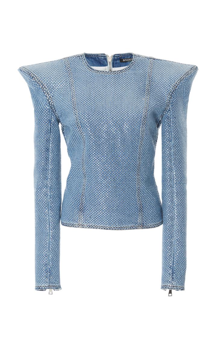 Balmain Long-sleeve Strass Denim Top