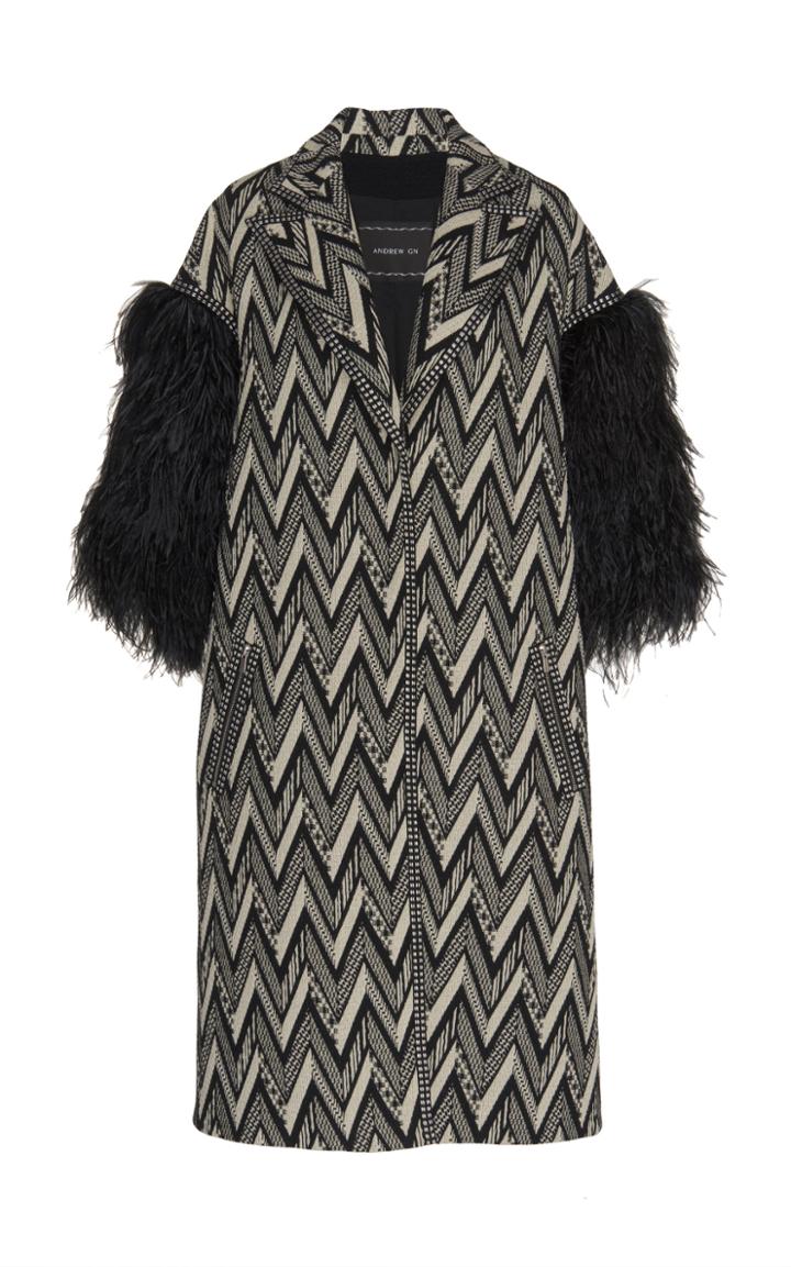 Andrew Gn Feather-trimmed Cotton-blend Jacquard Coat