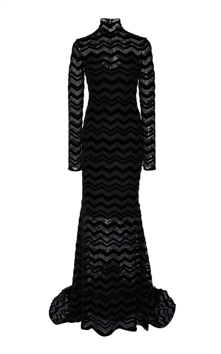 Christian Siriano Zig Zag Burnout Velvet High Neck Gown