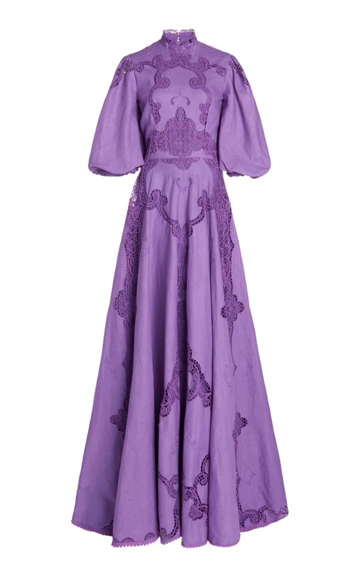 Moda Operandi Costarellos Alessie Belted Lace-detailed Linen-cotton Gown