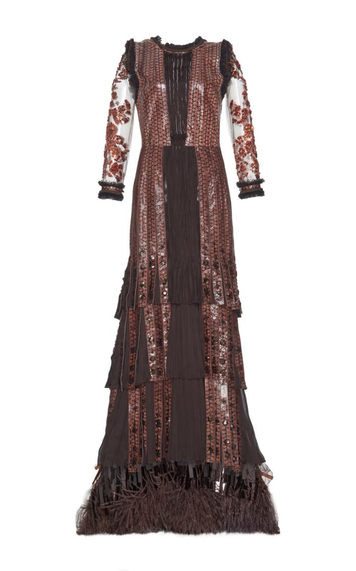 Roberto Cavalli Python Tiered Fringe Gown