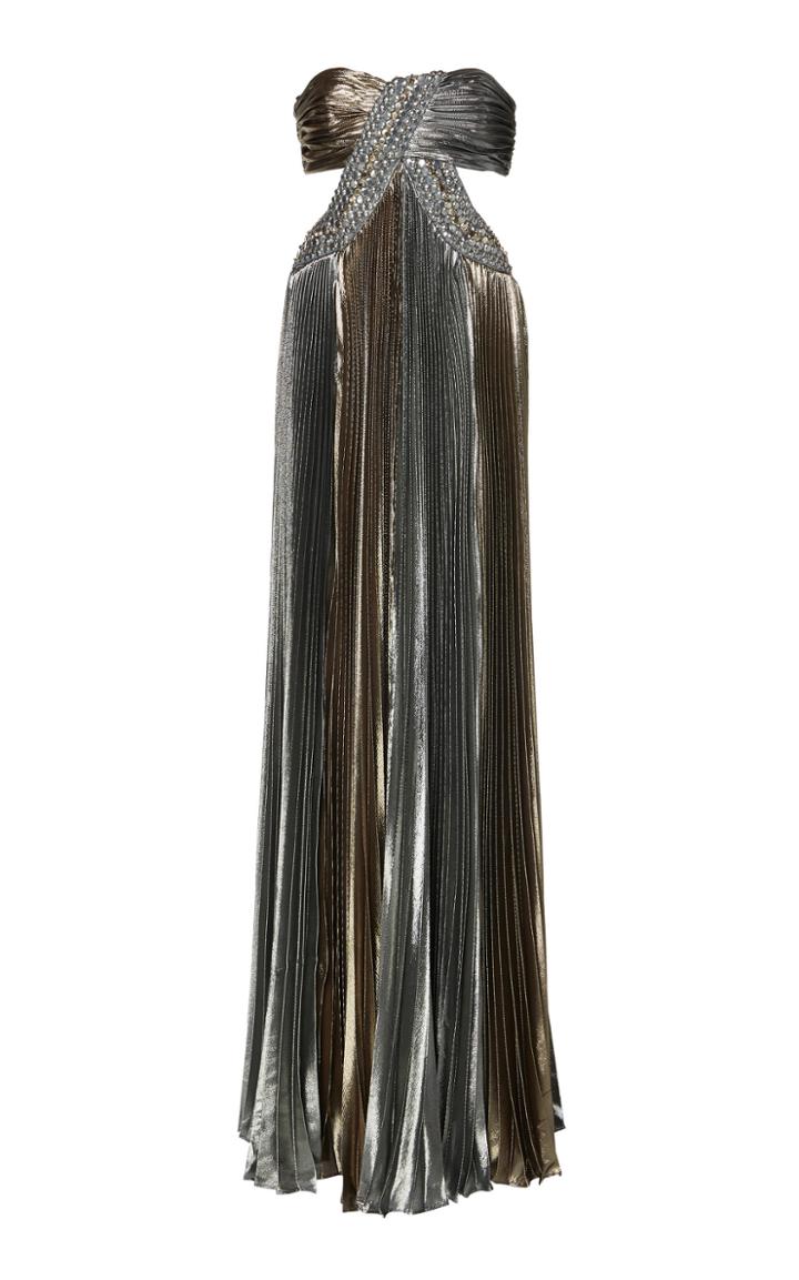 Alberta Ferretti Laminated Silk Embellished Strapless Gown