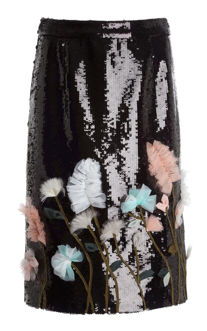 Moda Operandi Huishan Zhang Suri Floral-appliqued Sequined Knee-length Skirt