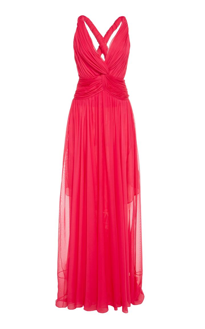 Oscar De La Renta Gathered V-neck Strap Gown