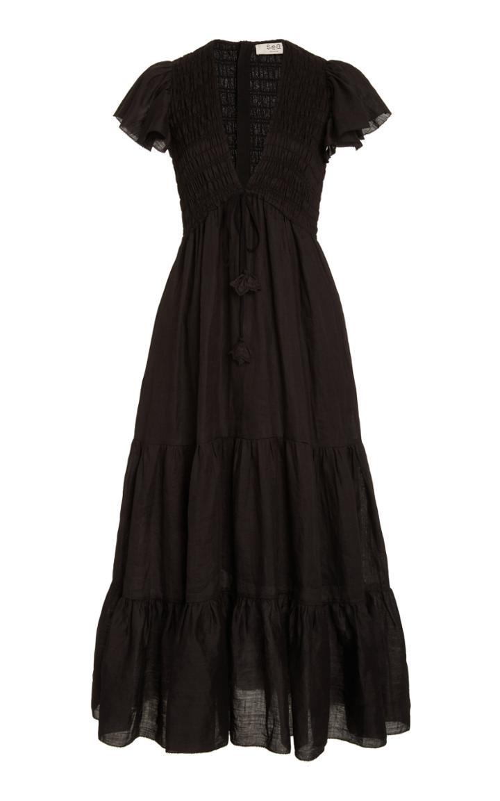 Sea Zig Zag Smocked Tiered Cotton-gauze Maxi Dress