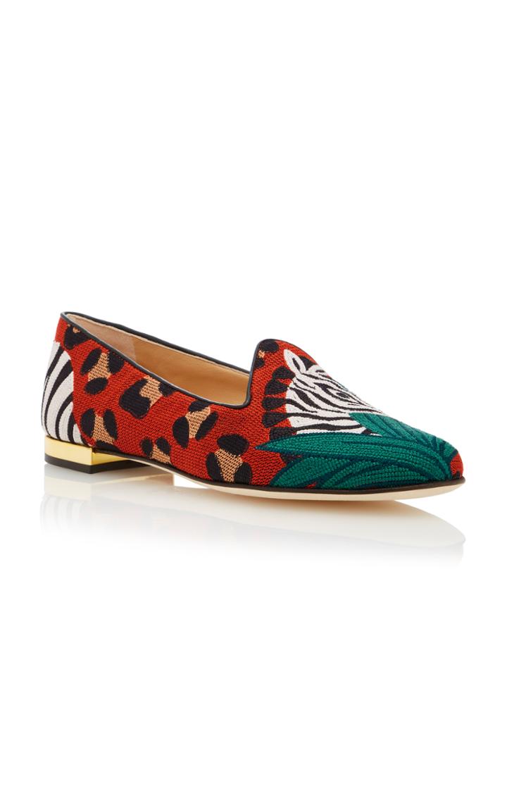 Charlotte Olympia M'o Exclusive: Animal Kingdom Embroidered Canvas Slippers