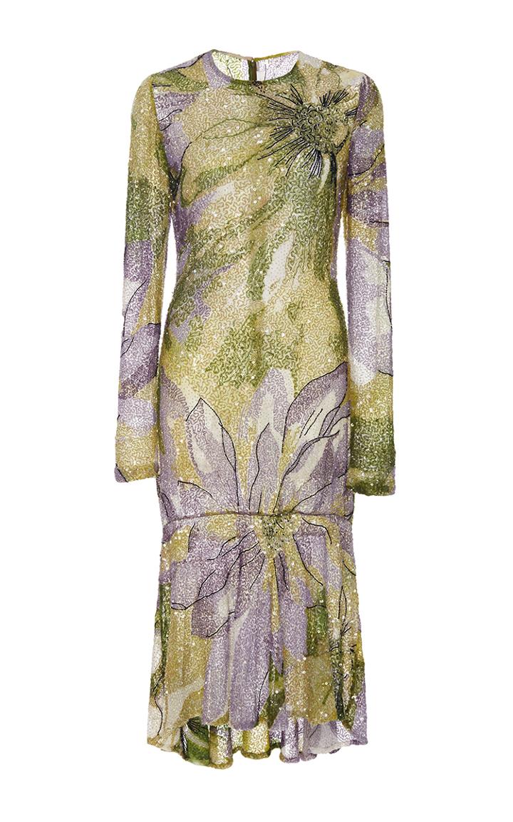 Naeem Khan Long Sleeve Beaded Floral Knee Length Dress