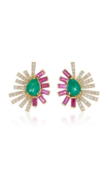 Carol Kauffmann La Belle Duo 18k Gold Emerald Ruby And Diamond Earrings