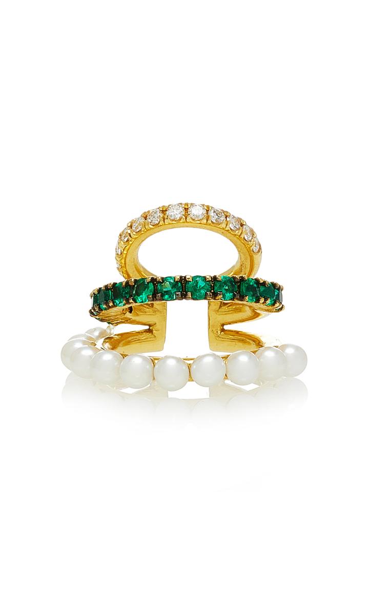 Jemma Wynne Single Prive Triple Diamond Emerald And Pearl Row Ear Cuff