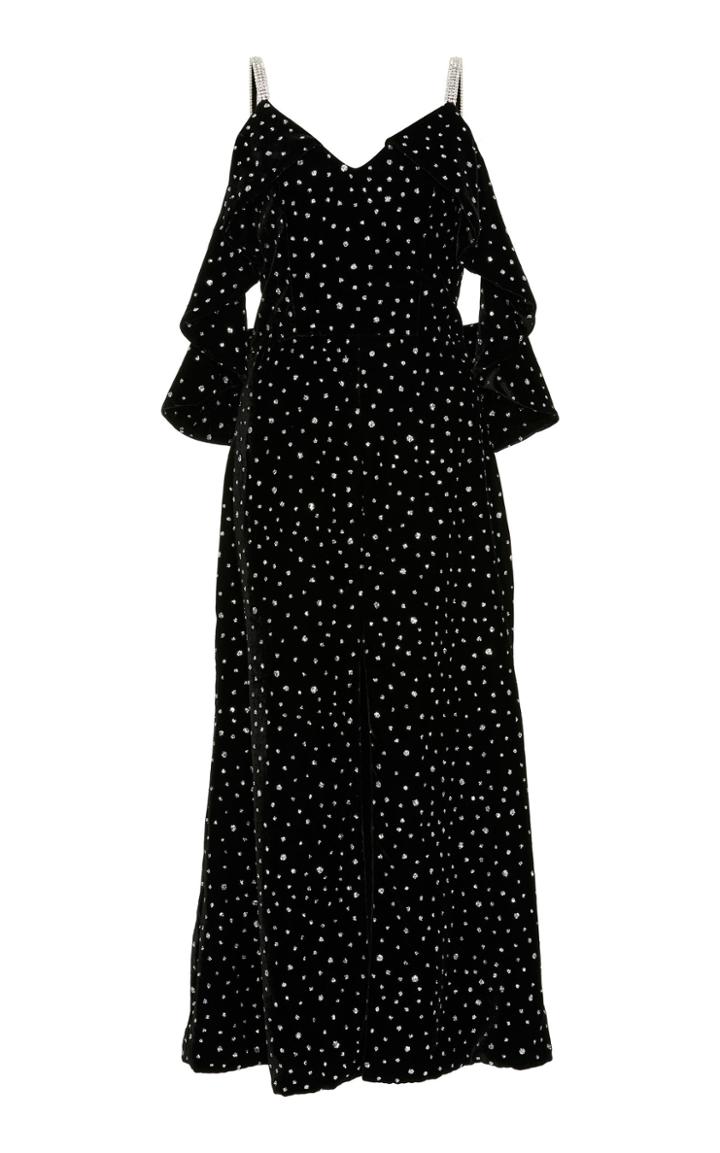 Christian Siriano Crystal Velvet Shoulder Flounce Dress