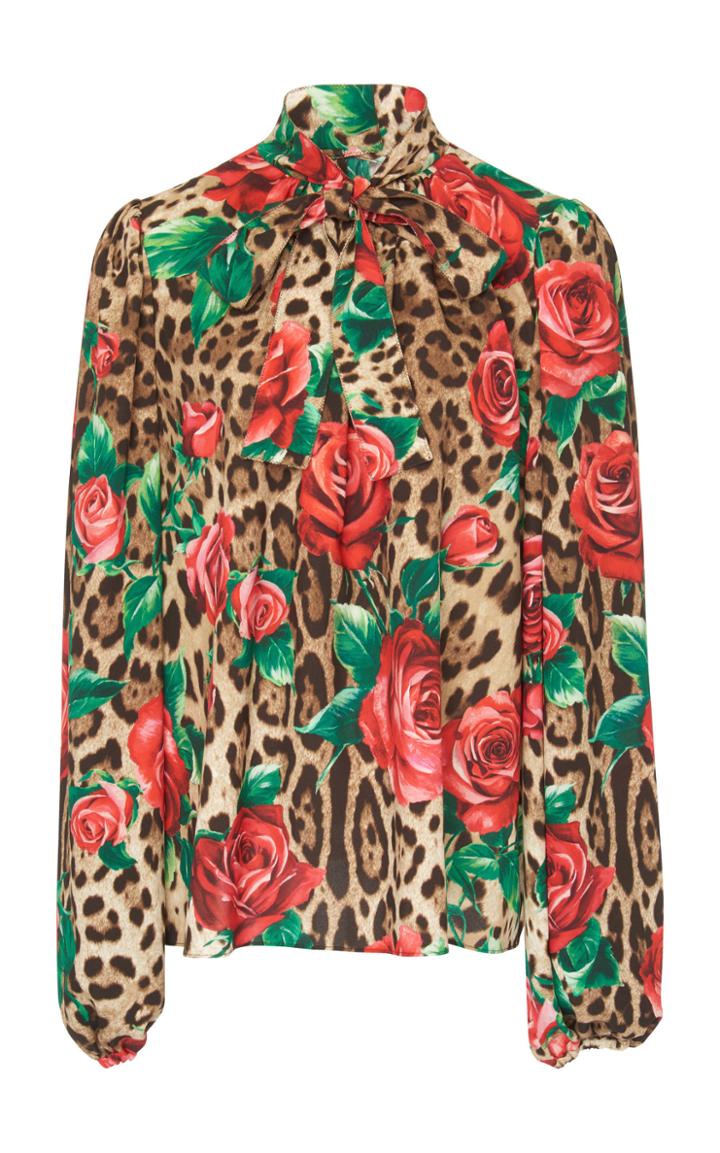Dolce & Gabbana Floral And Leopard Crepe Pussybow Blouse