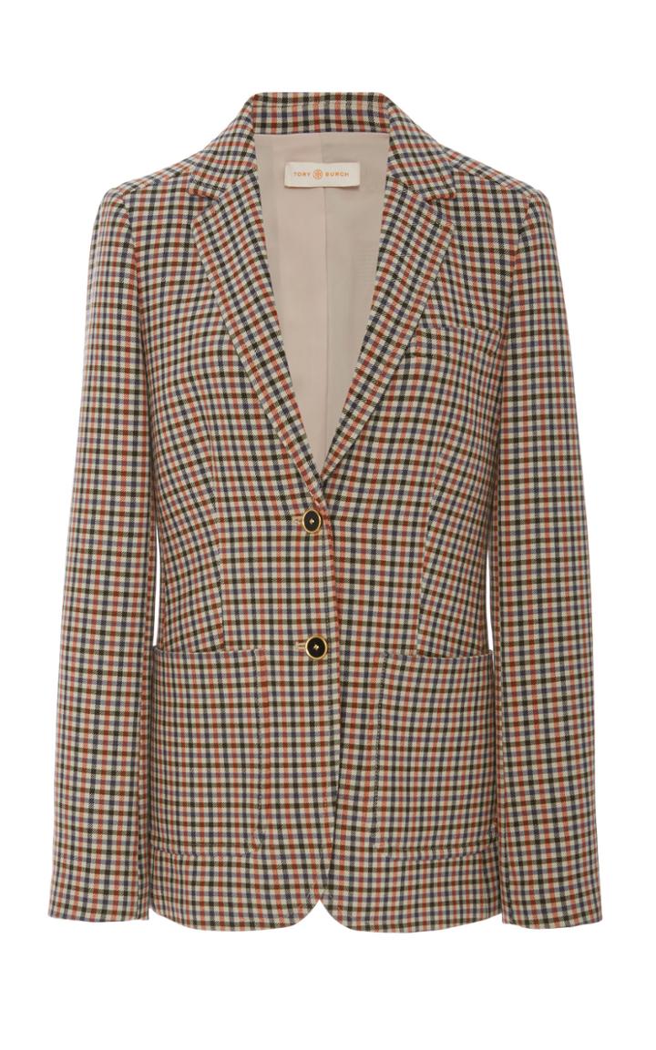 Tory Burch Collared Plaid Crepe Blazer