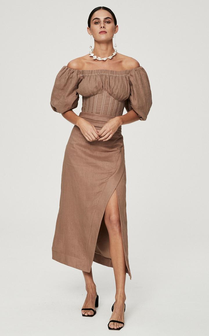 Moda Operandi Rachel Gilbert Capri Corseted Linen Off-the-shoulder Midi Dress