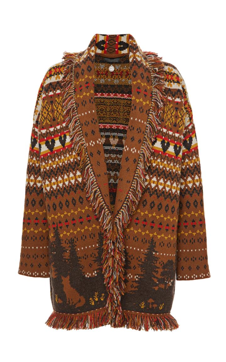Moda Operandi Alanui Wild Heart Fringed Jacquard-knit Cashmere Cardigan