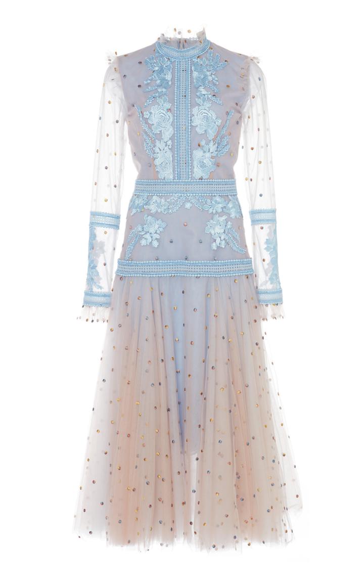 Costarellos Illusion Sleeve Dot Tulle Dress
