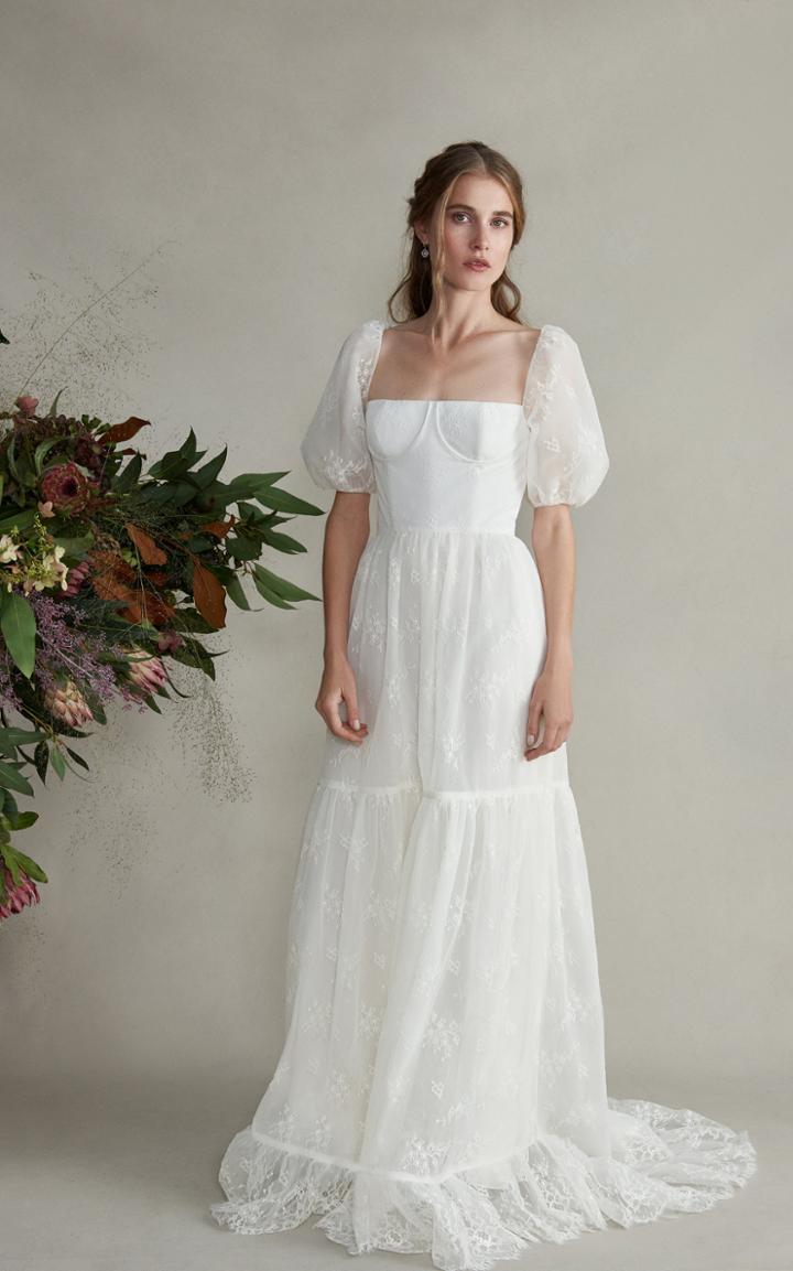 Markarian Celementine Fitted Bodice Silk Gown With Lace Sleeves