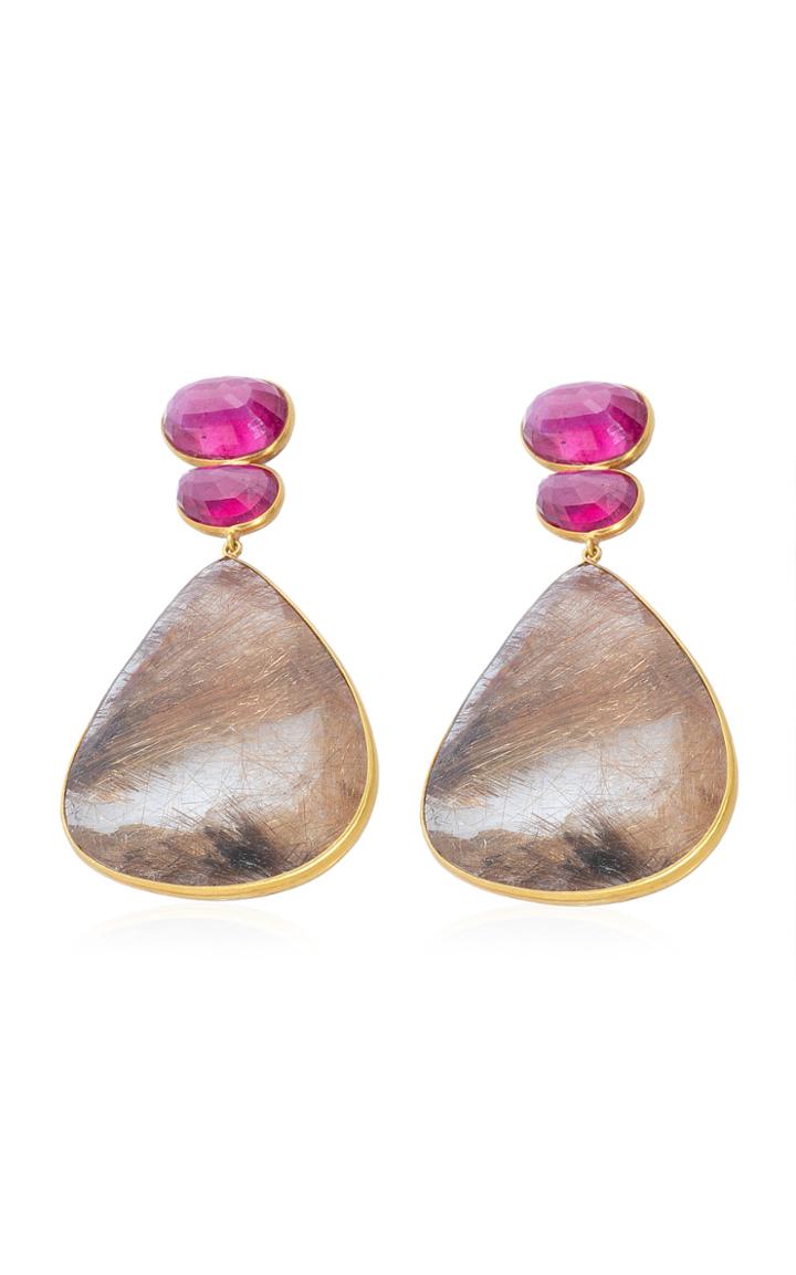 Bahina Ruby, Quartz 18k Yellow Gold Earrings
