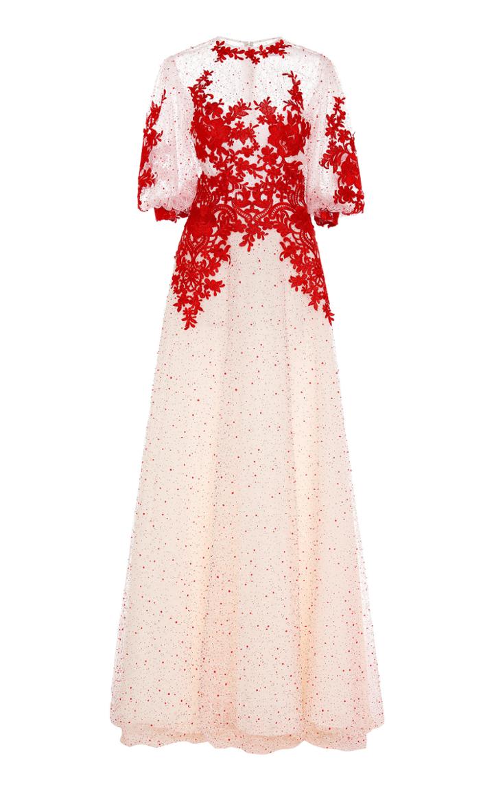Moda Operandi Costarellos Blouson Sleeve Flocked Dot Tulle Dress With Lace Lining An