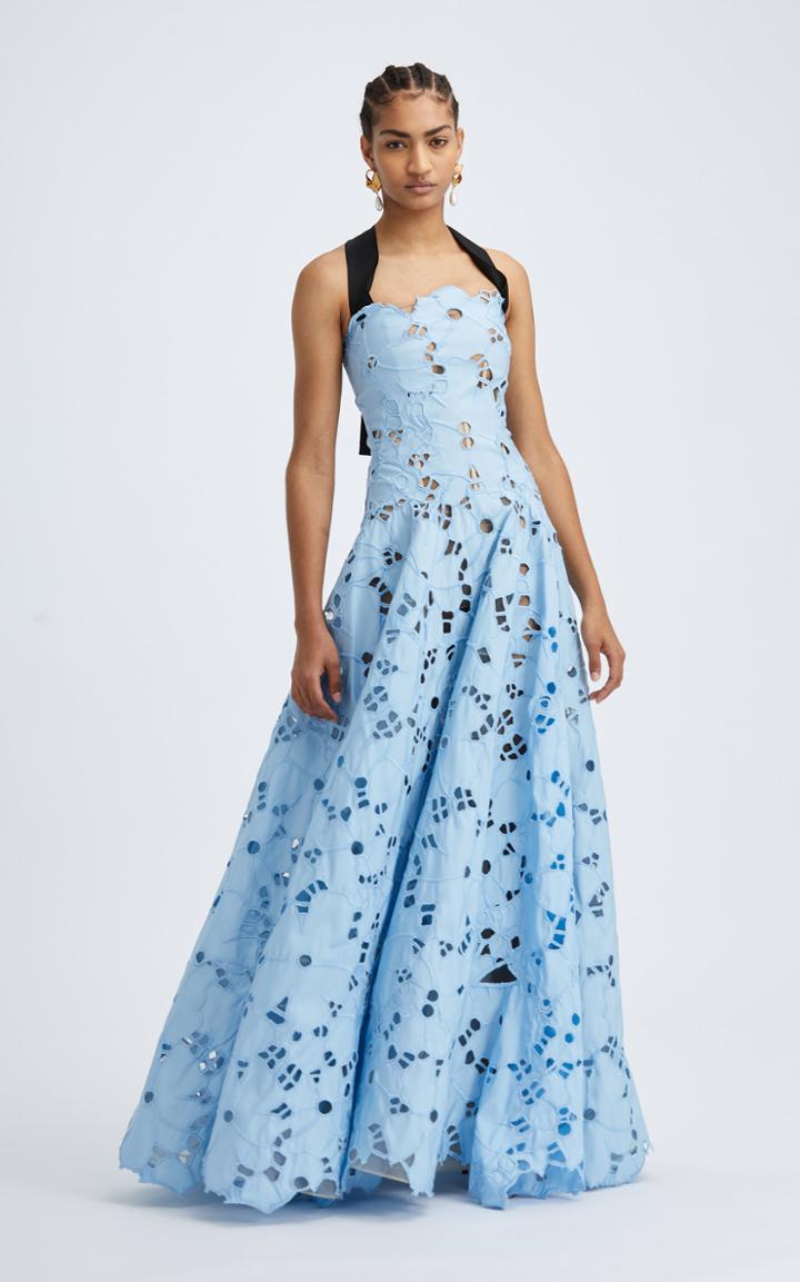 Moda Operandi Oscar De La Renta Tie Shoulder Square Neckline Lace Halter Gown