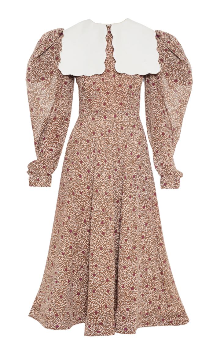 Moda Operandi Anouki Floral Printed Chiffon Dress With Leather Puritan Collar