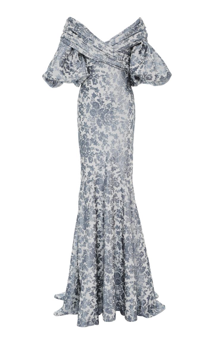Elizabeth Kennedy Off The Shoulder Floral Lame Gown