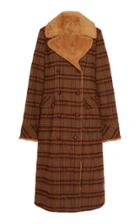 Anna Sui Fur-trimmed Double-breasted Brushed Plaid Coat