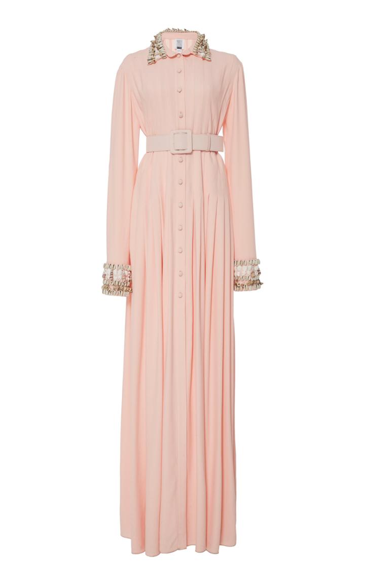 Rosie Assoulin Shell Embellished Long Pleated Shirt Dress