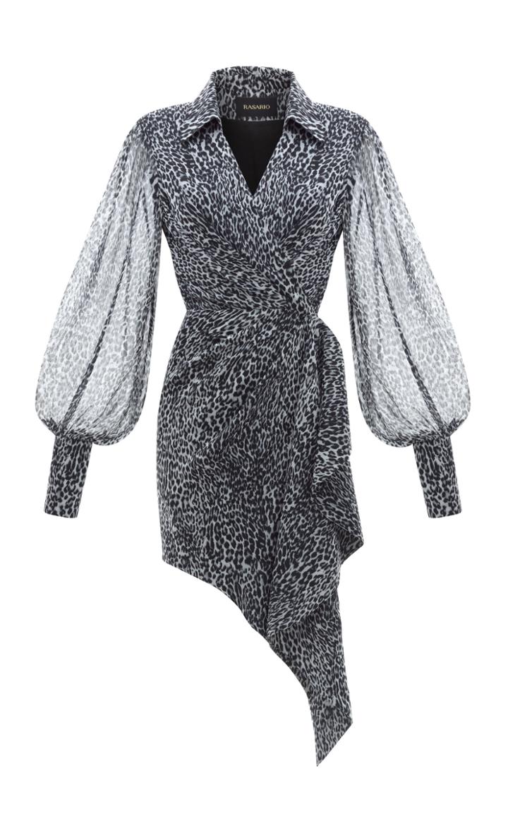 Rasario Leopard Print Chiffon Wrap Mini Dress