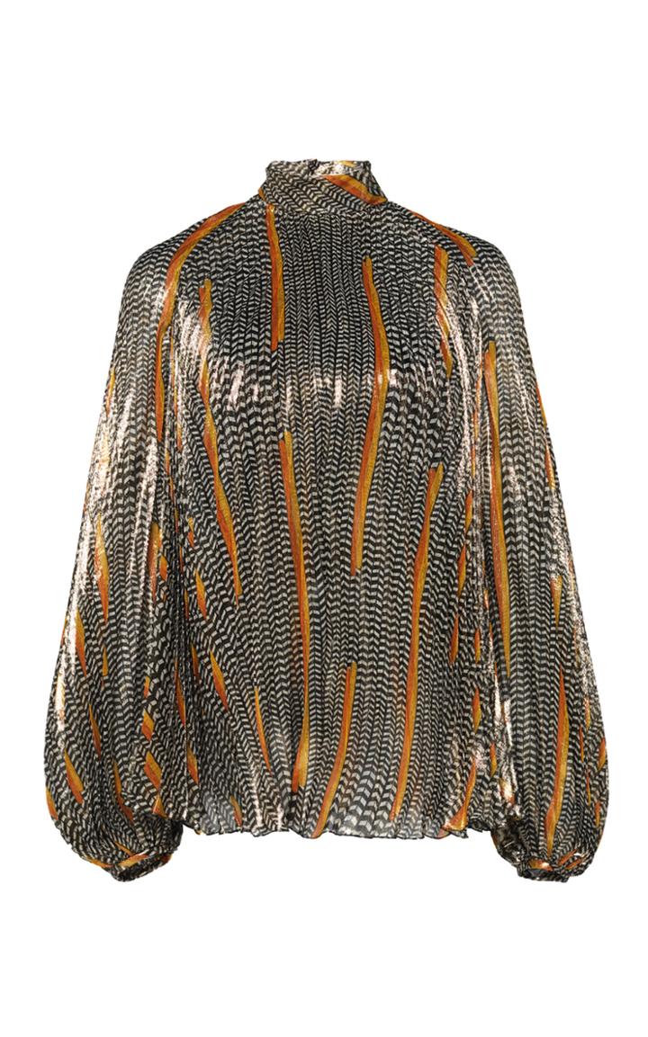 Giambattista Valli Printed Metallic Silk Chiffon Plisse Blouse
