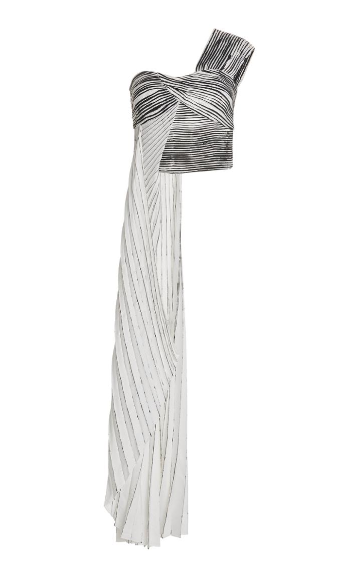 Moda Operandi Semsem Draped Striped Pliss One-shoulder Crop Top