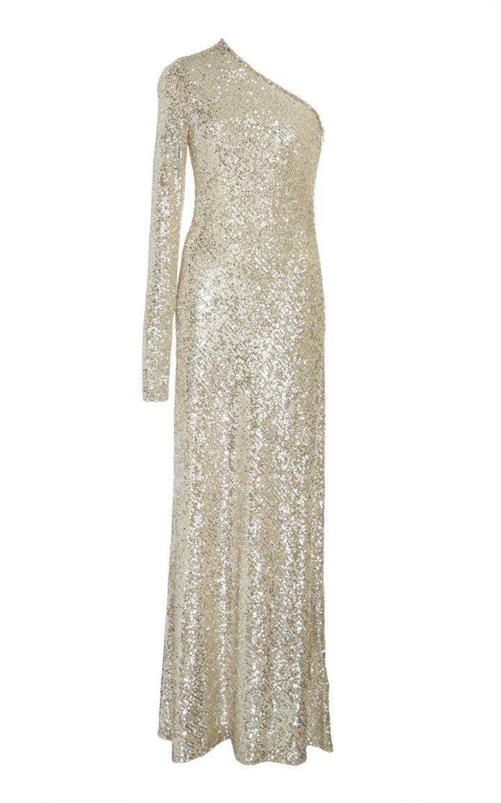 Naeem Khan Sequined Long Sleeve Crew Neck Gown