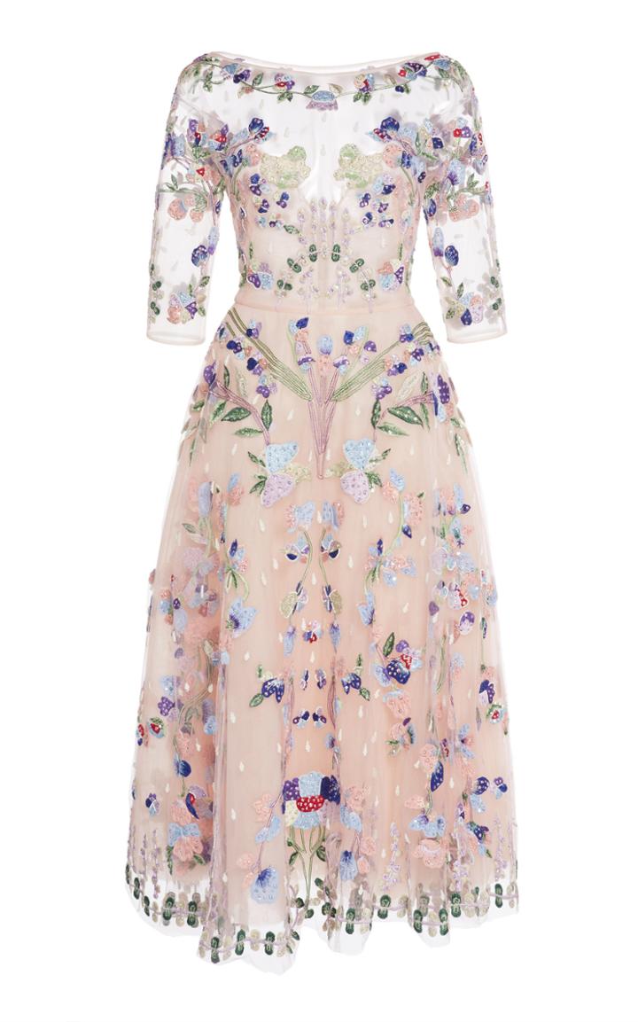 Zuhair Murad Bead Embroidered Illusion Tea Length Dress