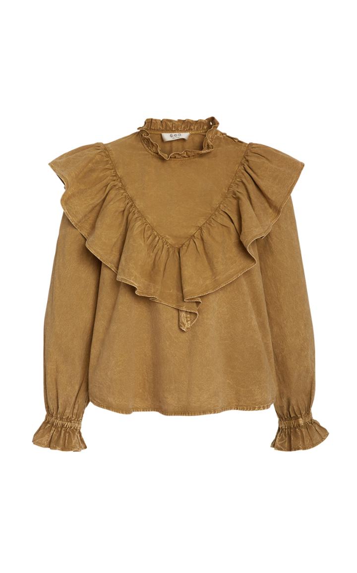 Moda Operandi Sea Metta Acid Wash Long Sleeve Ruffle Top