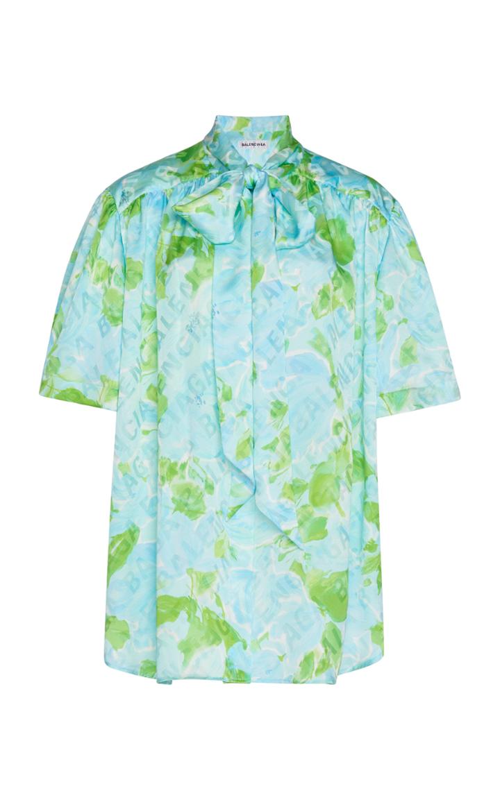 Balenciaga Logo-jacquard Floral Silk Tie-neck Top