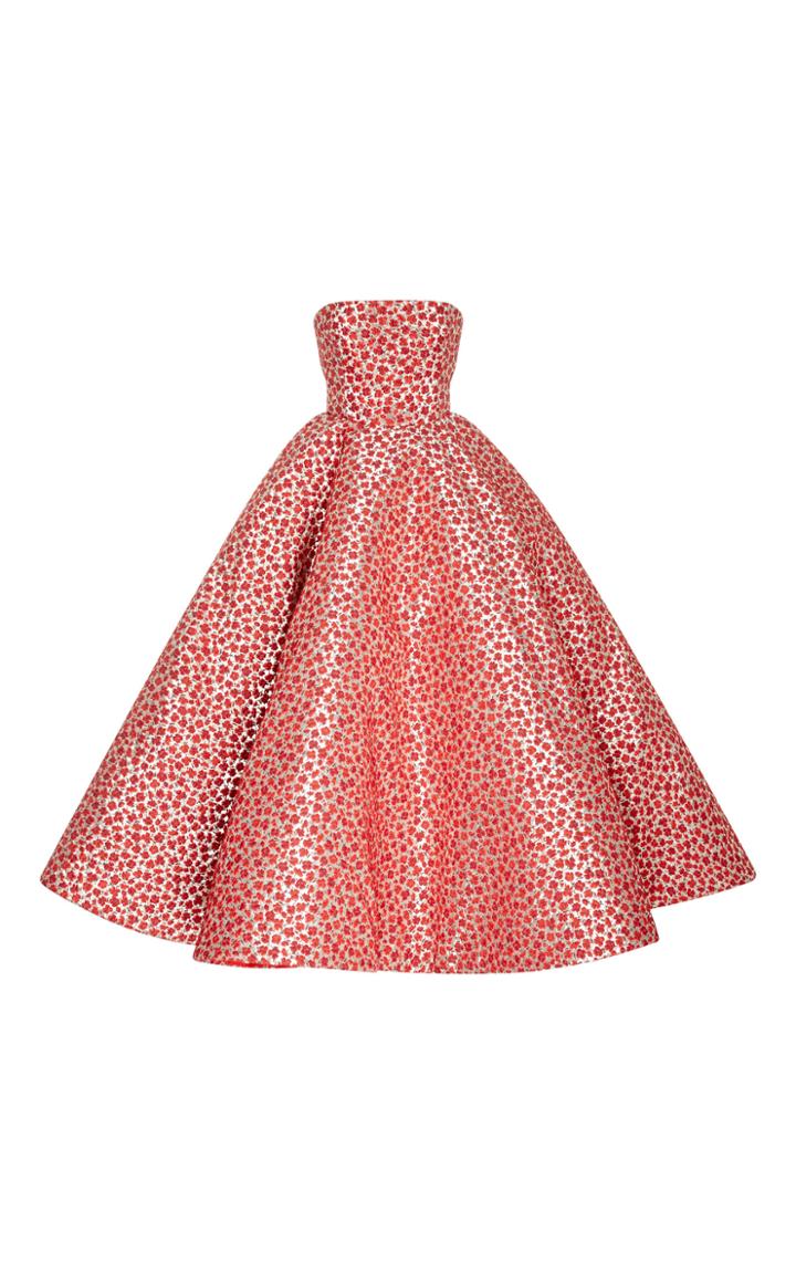 Oscar De La Renta Strapless Floral Tea Length Gown