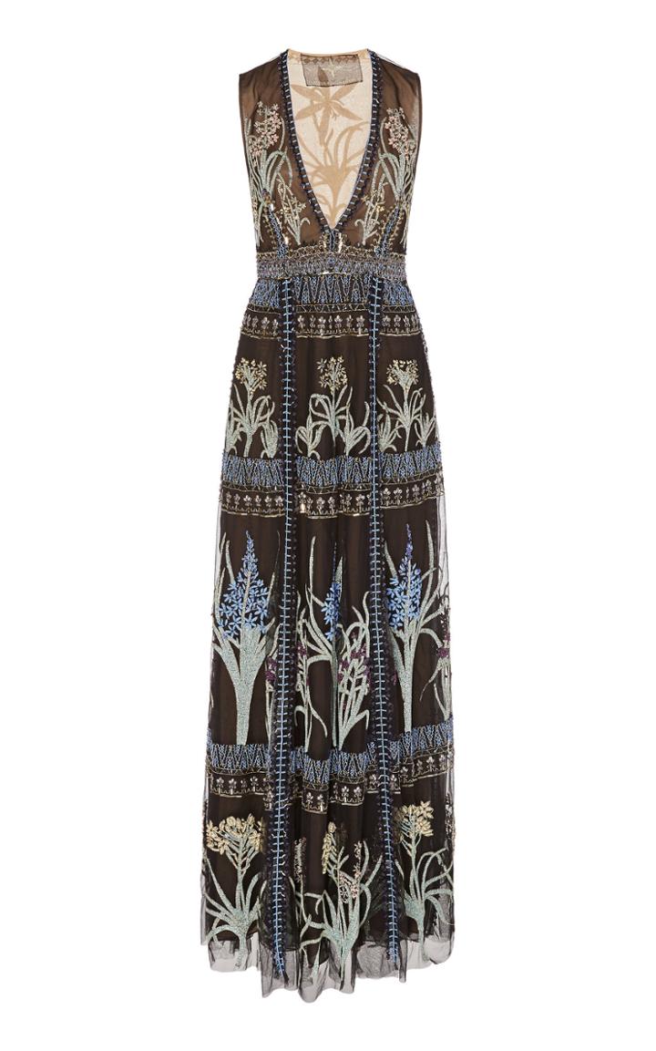 Cucculelli Shaheen Lilace Floral Embroidered Tulle Gown