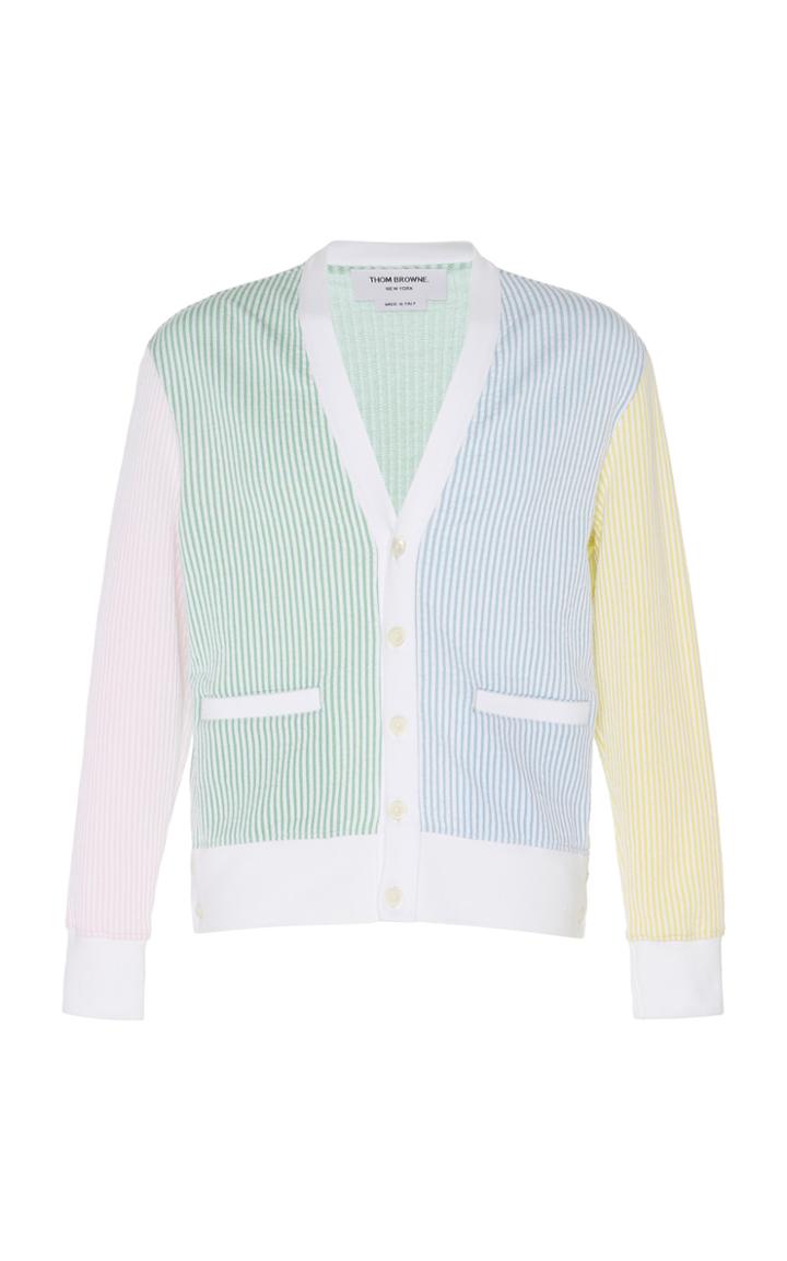Thom Browne Cotton Seersucker Knit V Neck Cardigan