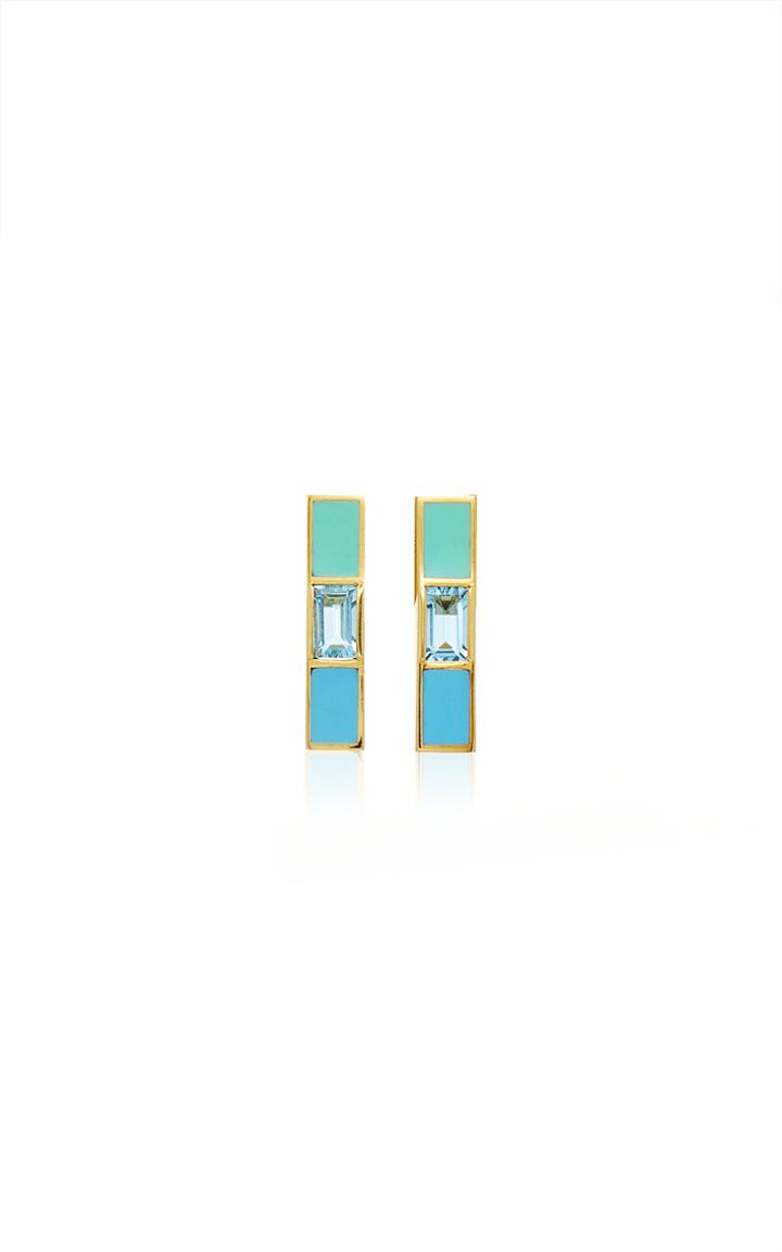 Sig Ward 18k Gold Enamel And Aquamarine Stud Earrings