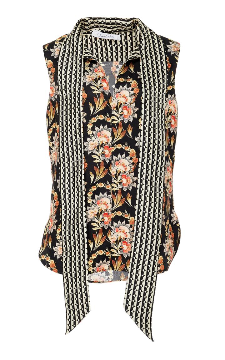 Oscar De La Renta Tie-neck Printed Silk-chiffon Top