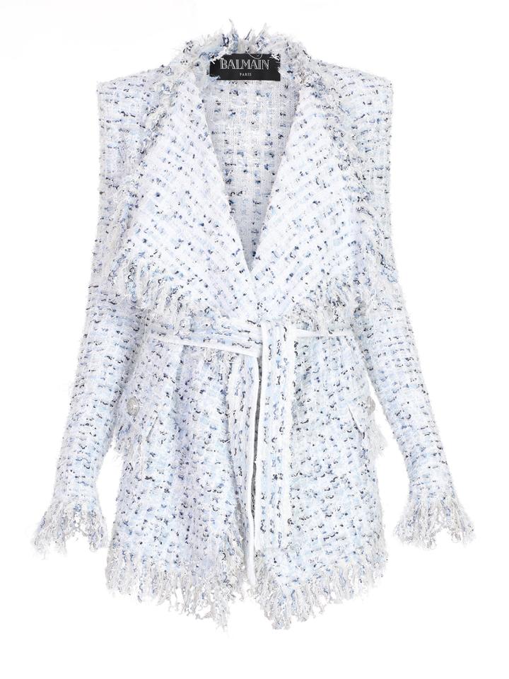 Balmain Draped Fringed Pastel Tweed Cardigan Size: 36
