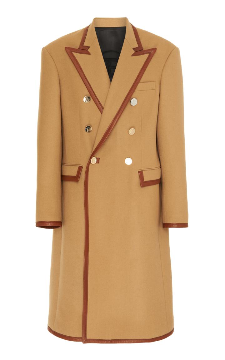 Moda Operandi Balmain Double Breasted Wool Coat With Leather Bias