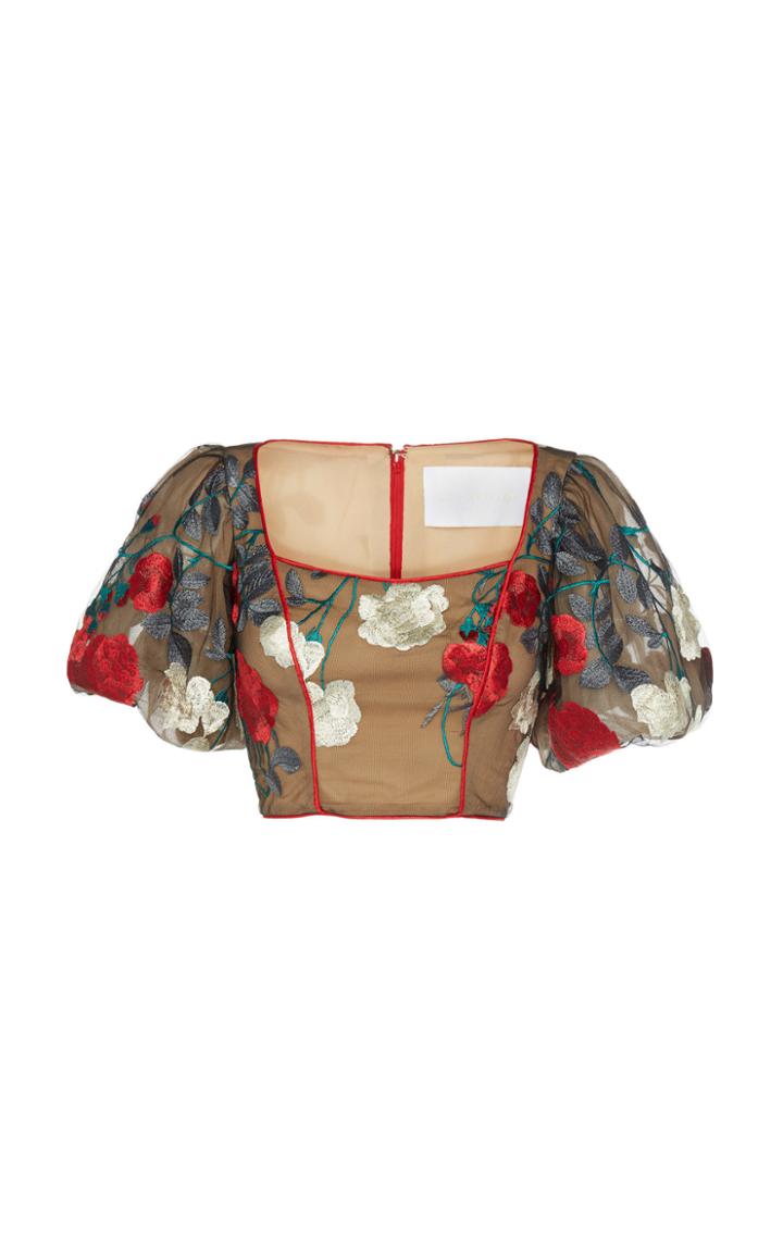 Costarellos Mesh Bodice Embroidered Tulle Top