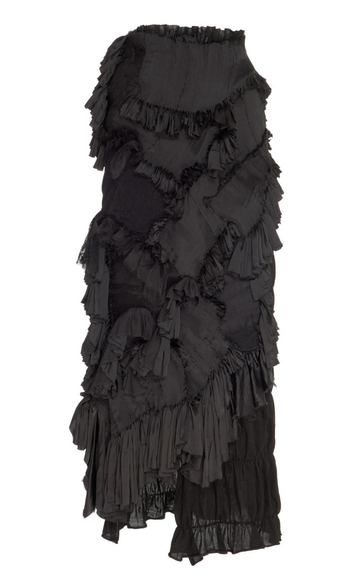 Caroline Hu Smocked Ruffle-embellished Silk-blend Maxi Skirt